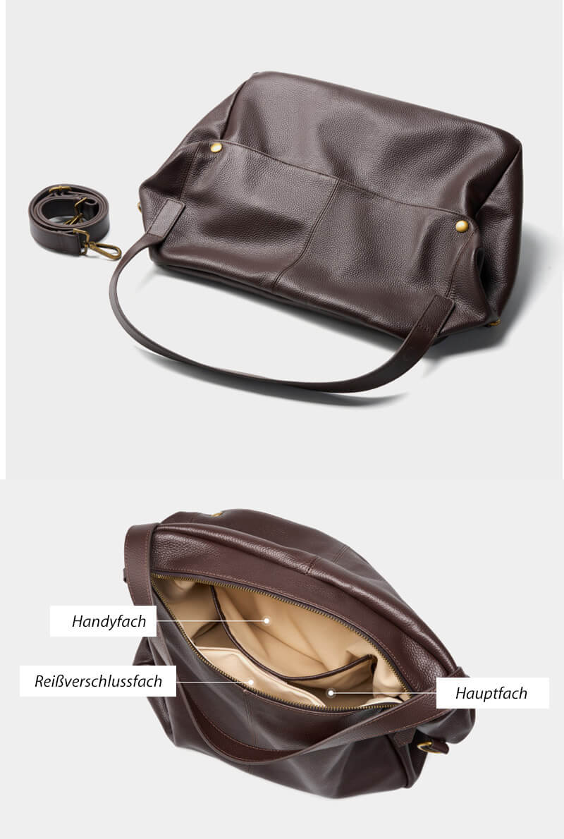 große Schultertasche Damen Leder Umhängetasche in Schwarz und Kaffeebraun