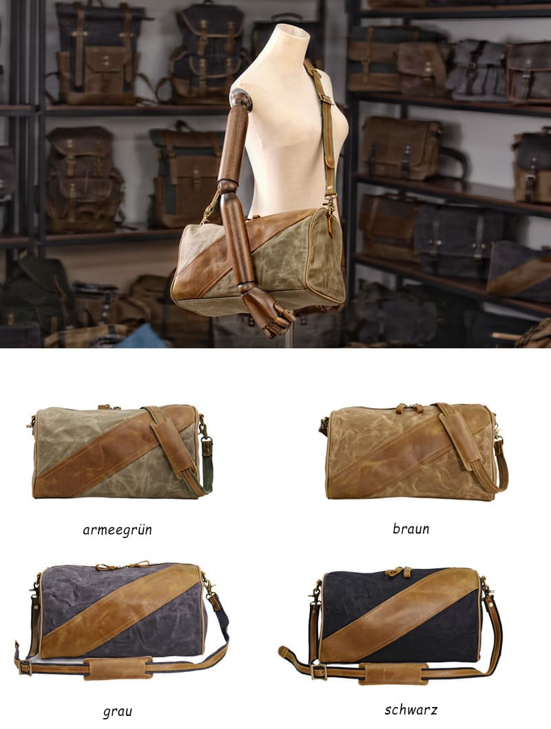 große Umhängetasche Herren gewachstes Canvas und Leder für Reisen Reisetasche