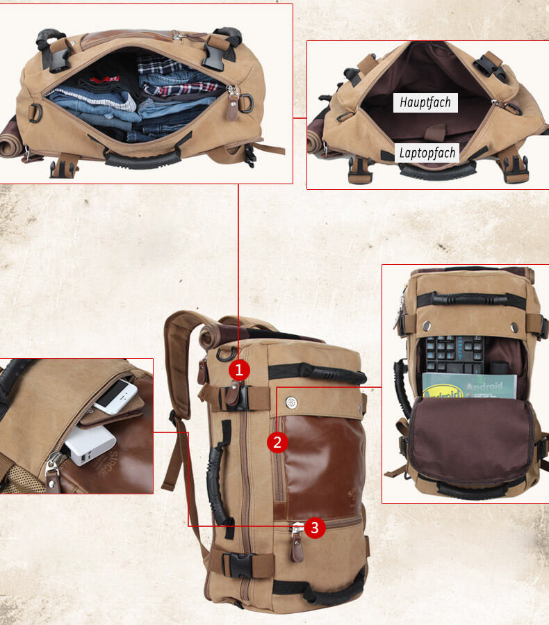 großer Rucksack Umhängetasche Kombi herren aus Segeltuch Backpack für Reisen