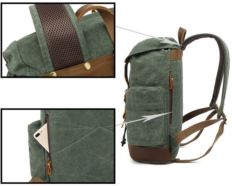 großer Vintage Rucksack gewachstes Canvas Backpack Herren mit Kordelzug