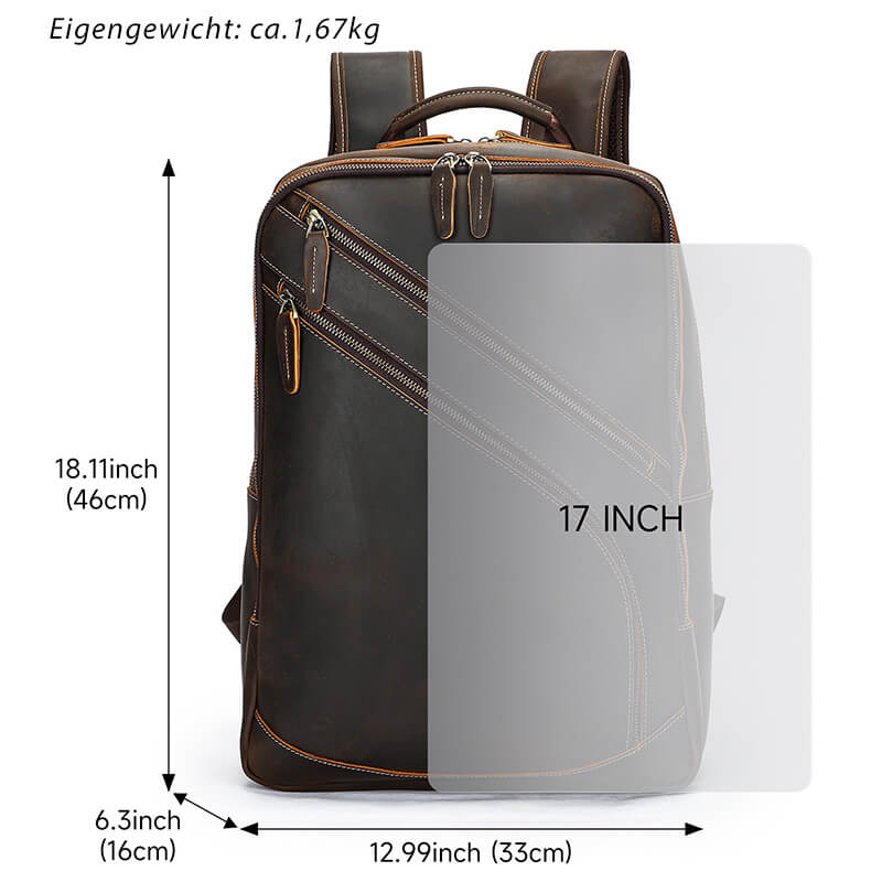 großer Rucksack Herren Crazy Horse Leder Vintage Backpack mit Laptopfach für Geschäftsreise