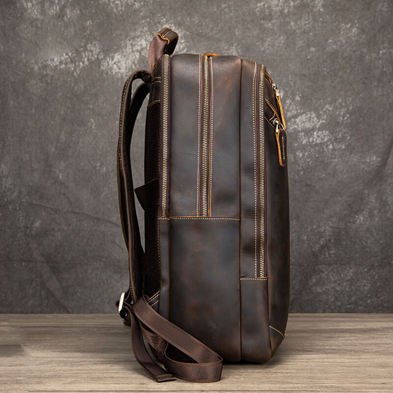 großer Rucksack Herren Crazy Horse Leder Vintage Backpack mit Laptopfach für Geschäftsreise