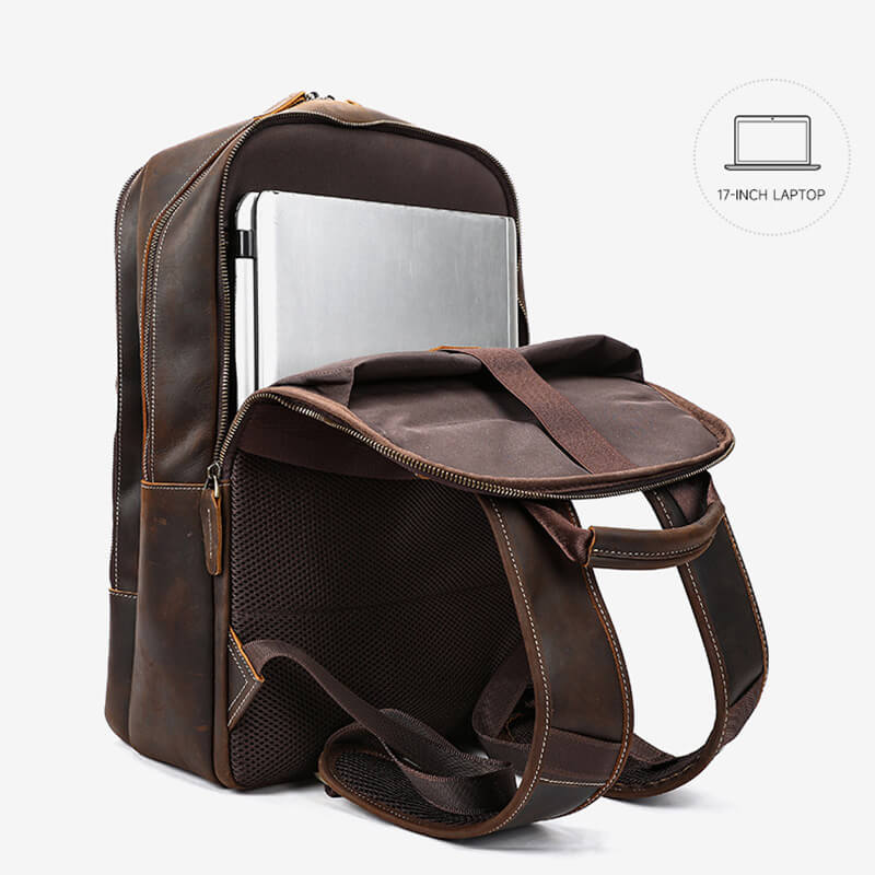 großer Rucksack Herren Crazy Horse Leder Vintage Backpack mit Laptopfach für Geschäftsreise