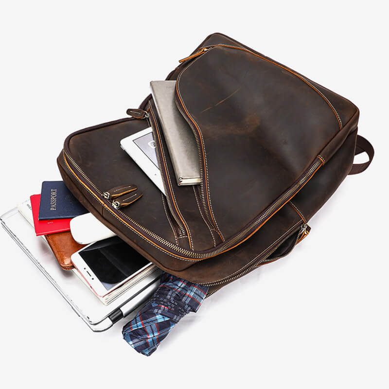großer Rucksack Herren Crazy Horse Leder Vintage Backpack mit Laptopfach für Geschäftsreise