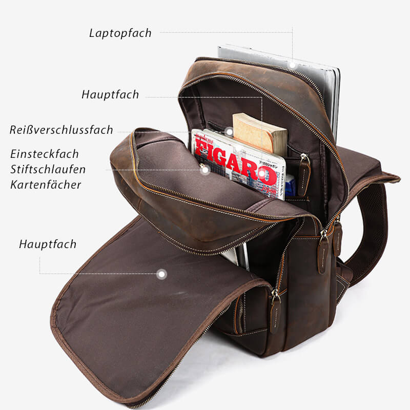 großer Rucksack Herren Crazy Horse Leder Vintage Backpack mit Laptopfach für Geschäftsreise