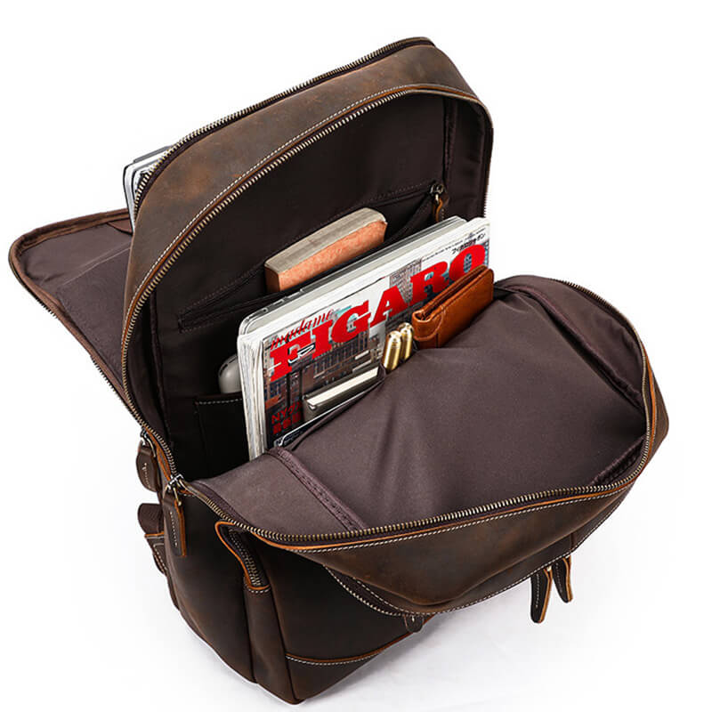 großer Rucksack Herren Crazy Horse Leder Vintage Backpack mit Laptopfach für Geschäftsreise