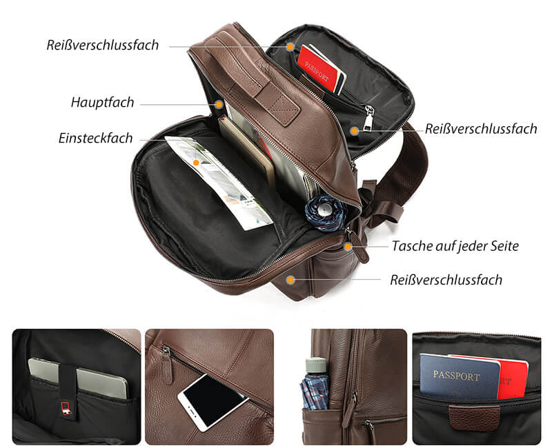 großer Rucksack Herren weiches Leder mit Laptopfach und Seitentaschen für Arbeit und Uni