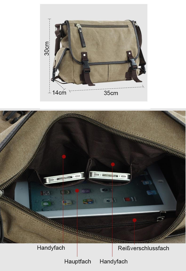 günstige Umhängetasche Herren Segeltuch Canvas Tasche schwarz khaki für Freizeit