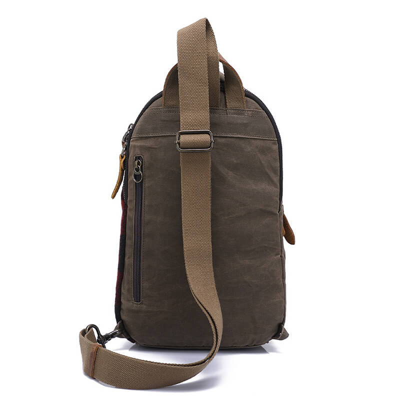 Herren Brusttasche Canvas und Karostoff Umhängetasche Rucksack mi 1 Gurt Armeegrün