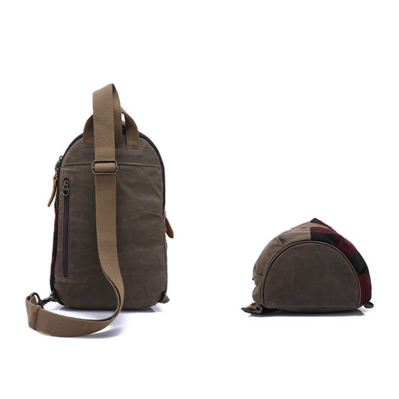 Herren Brusttasche Canvas und Karostoff Umhängetasche Rucksack mi 1 Gurt Armeegrün
