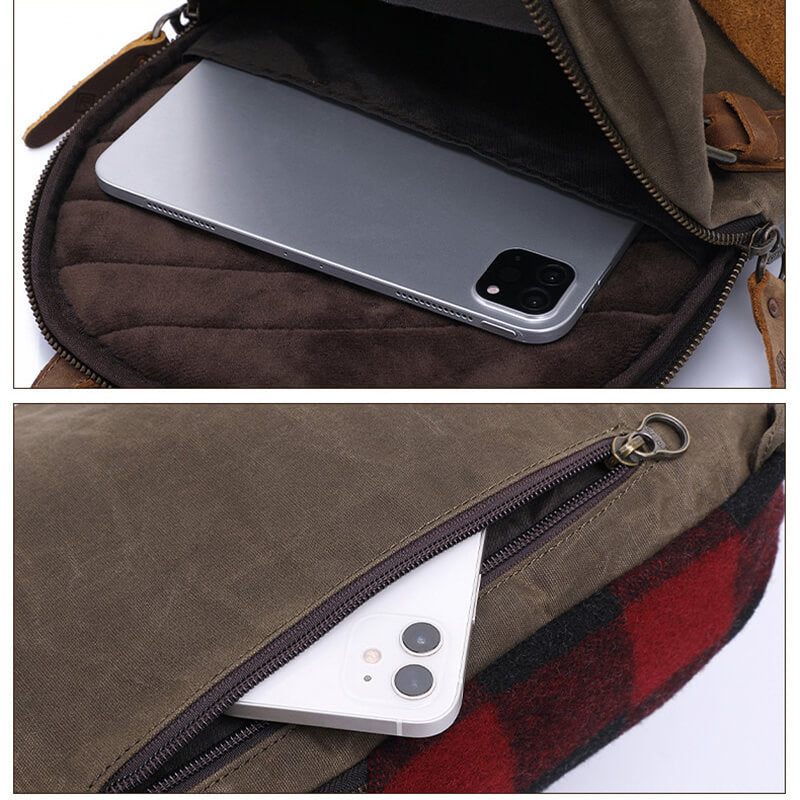 Herren Brusttasche Canvas und Karostoff Umhängetasche Rucksack mi 1 Gurt Armeegrün
