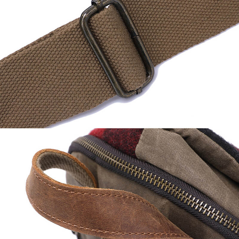 Herren Brusttasche Canvas und Karostoff Umhängetasche Rucksack mi 1 Gurt Armeegrün
