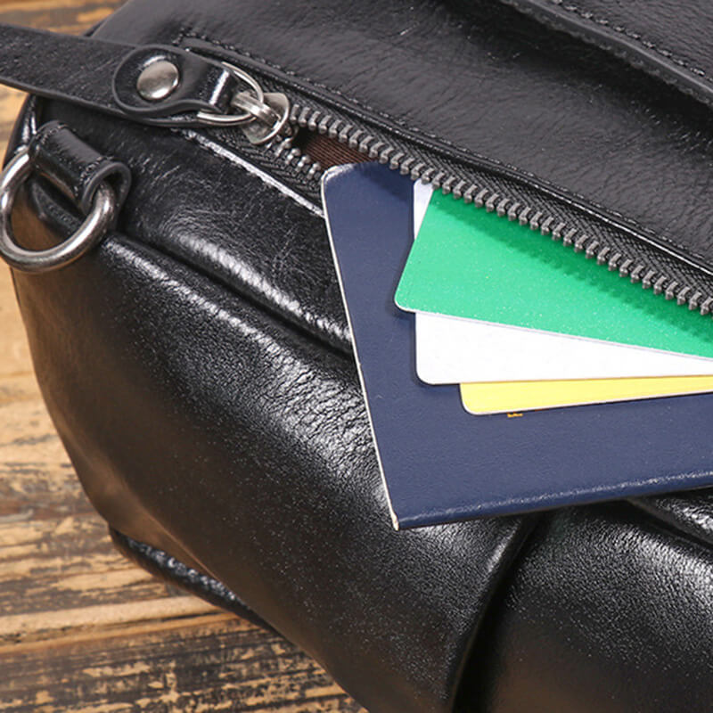 Herren Brusttasche Leder Bauchtasche Umhängetasche schwarz