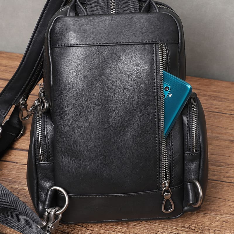 Herren Brusttasche Leder schwarz Brustbeutel Rucksack Herren