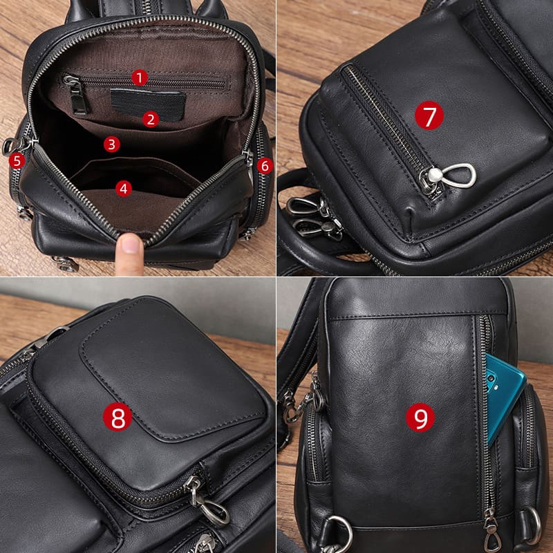 Herren Brusttasche Leder schwarz Brustbeutel Rucksack Herren