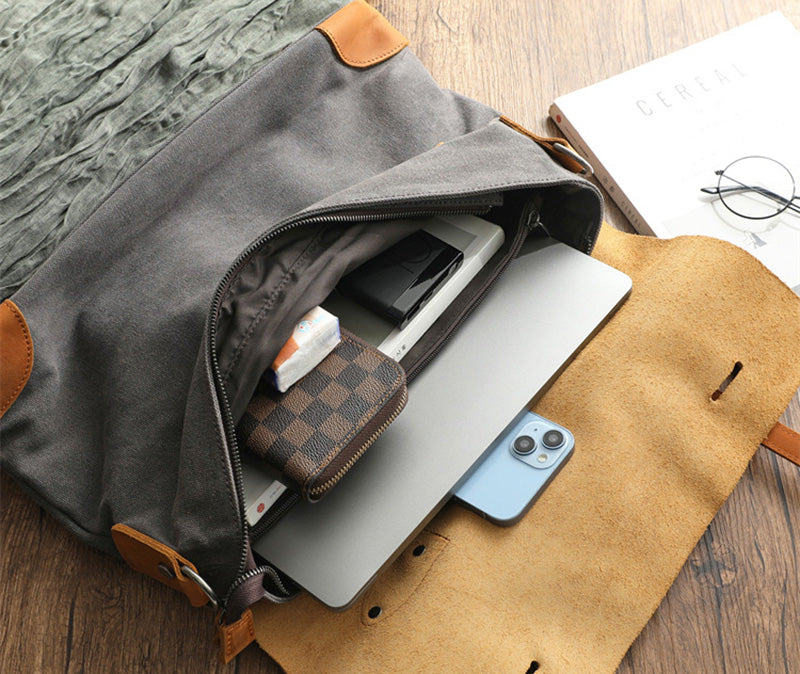 Herren Messenger Tasche Canvas und Leder Umhängetasche Handtasche
