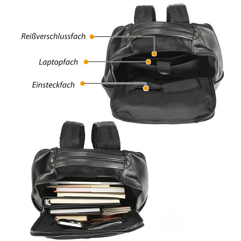 Herren Rucksack Leder schwarz Backpack Männer mit Laptopfach für Alltag