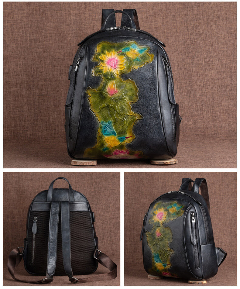 individuell Vintage Damen Rucksack Leder mit Lotusblume