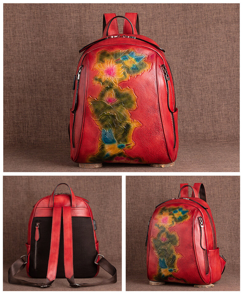 individuell Vintage Damen Rucksack Leder mit Lotusblume