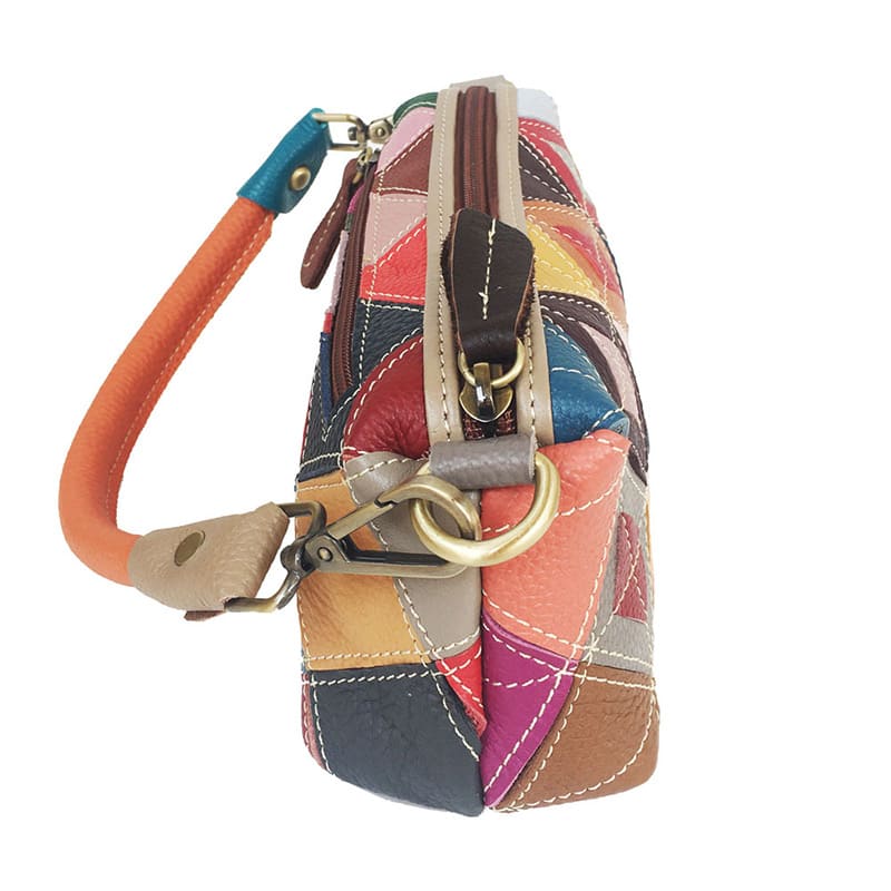 kleine Damen Schultertasche Leder bunte Unterarmtasche Patchwork Umhängetasche