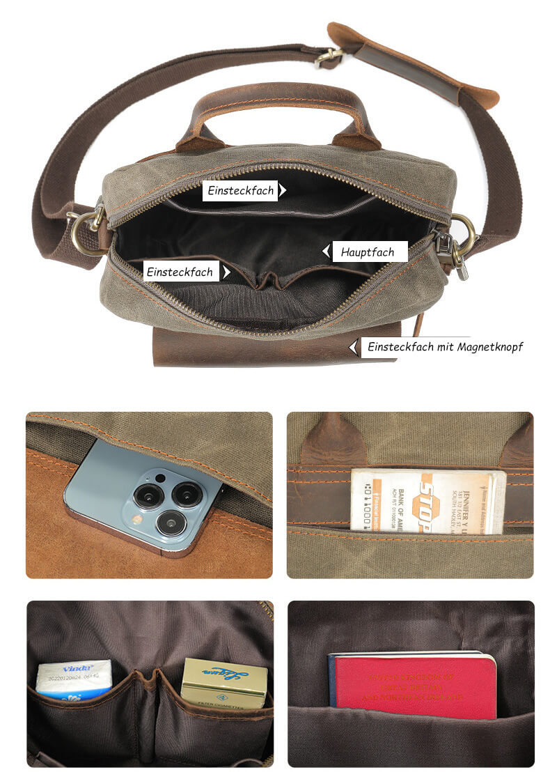 kleine Herren Umhängetasche gewachstes Canvas in Hochformat Messenger Bag