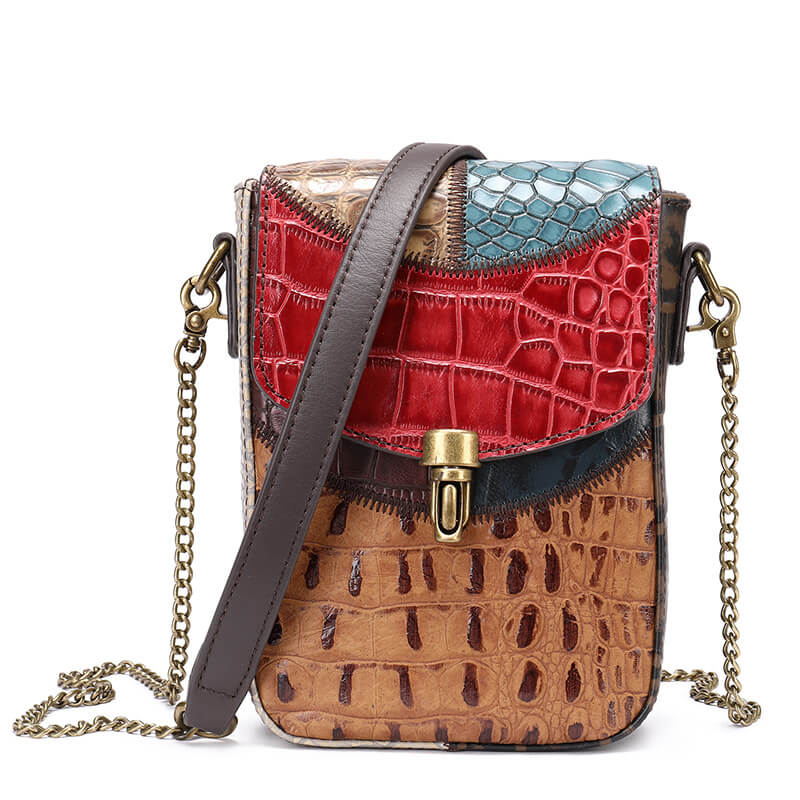 kleine Patchwork Umhängetasche Damen Leder Handytasche Vintage bunt mit Kette