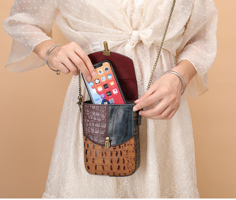 kleine Patchwork Umhängetasche Damen Leder Handytasche Vintage bunt mit Kette