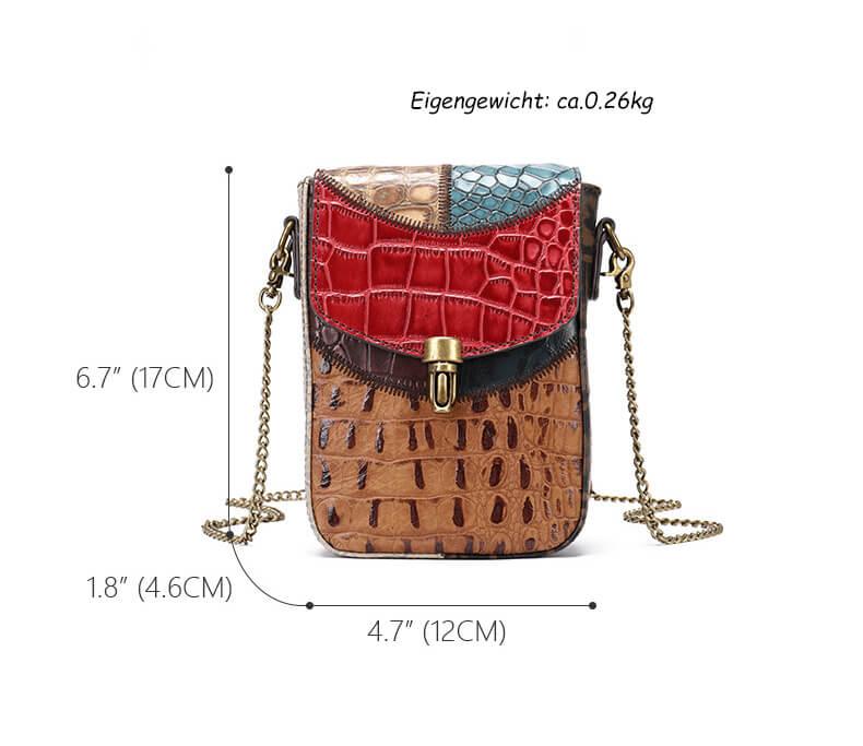 kleine Patchwork Umhängetasche Damen Leder Handytasche Vintage bunt mit Kette