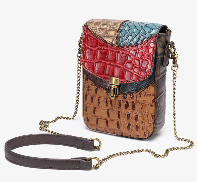 kleine Patchwork Umhängetasche Damen Leder Handytasche Vintage bunt mit Kette