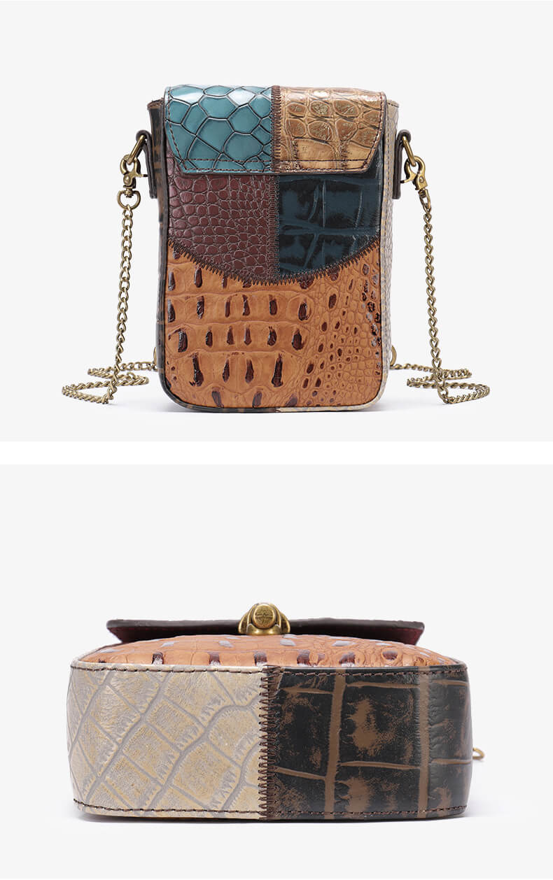 kleine Patchwork Umhängetasche Damen Leder Handytasche Vintage bunt mit Kette