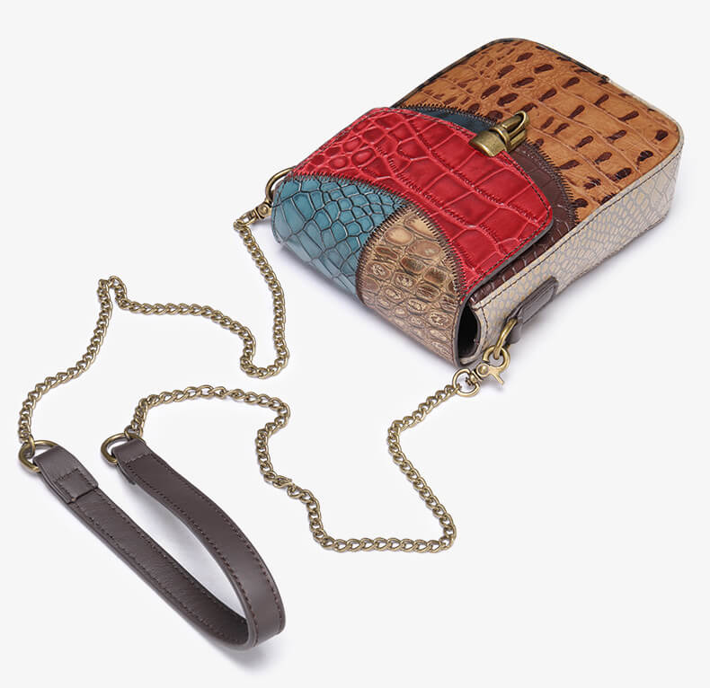 kleine Patchwork Umhängetasche Damen Leder Handytasche Vintage bunt mit Kette