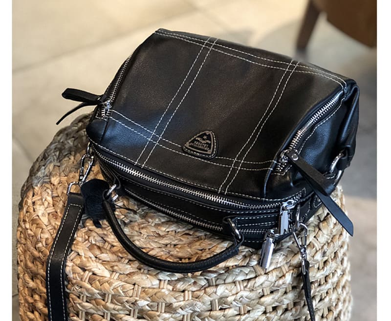 kleine Umhängetasche Damen Leder mit Griff schwarze Handtasche zum Umhängen