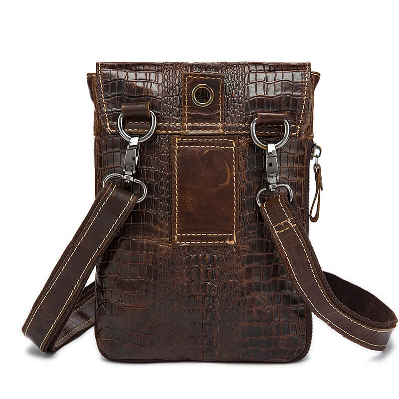 kleine Umhängetasche Herren Leder Gürteltasche Kroko Optik Kaffeebraun