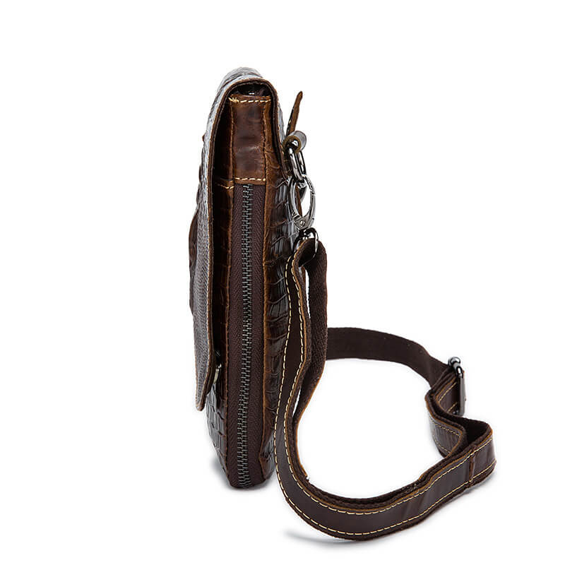 kleine Umhängetasche Herren Leder Gürteltasche Kroko Optik Kaffeebraun