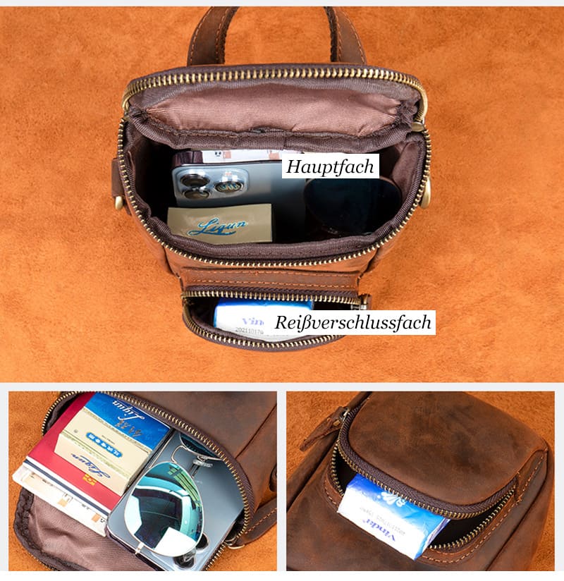 kleine Umhängetasche Herren Leder Vintage Handytasche mit Reißverschluss