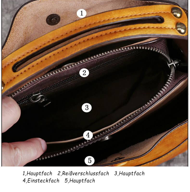 kleine Vintage Umhängetasche Damen aus Leder Handtasche Frauen grün gelb grau