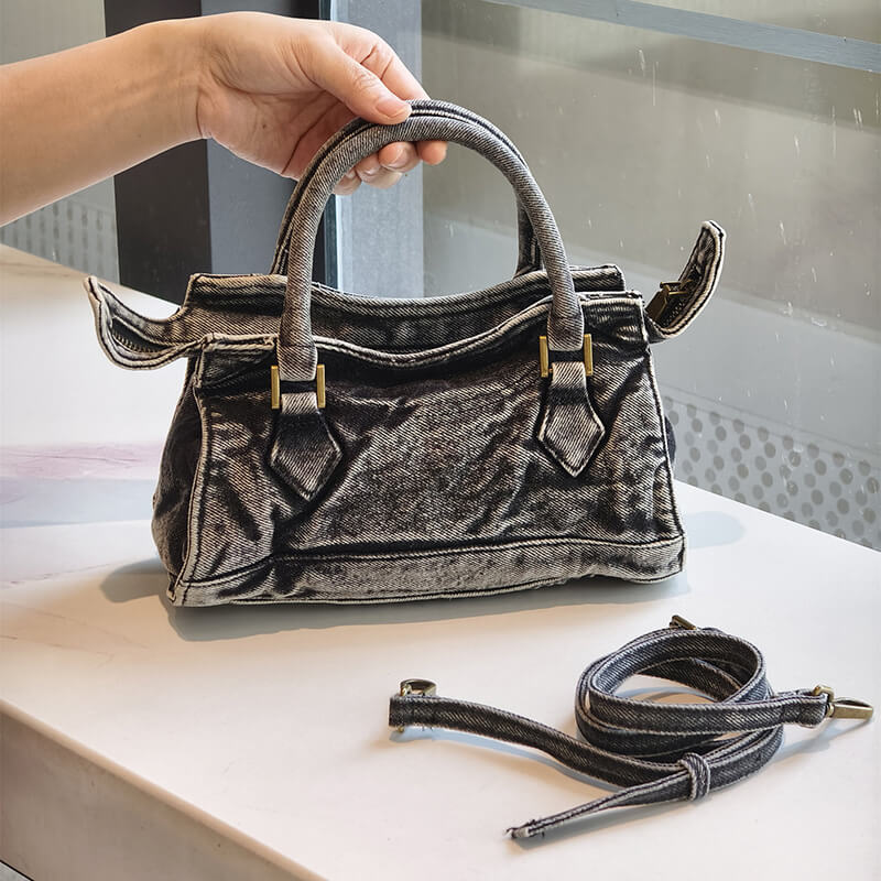 kleine Damen Handtasche Denim Umhängetasche grau