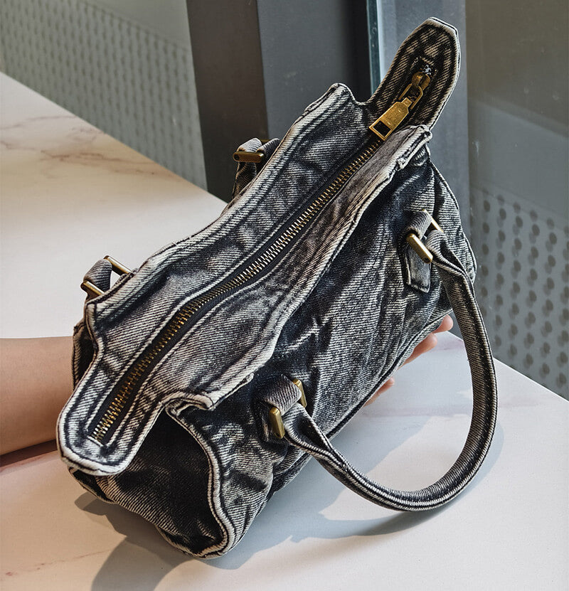 kleine Damen Handtasche Denim Umhängetasche grau