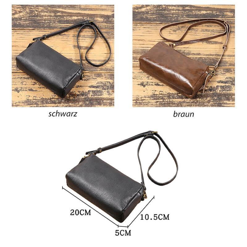 Kleine Damen Umhängetasche Leder modern mit Handgelenkgurt in Schwarz und Braun