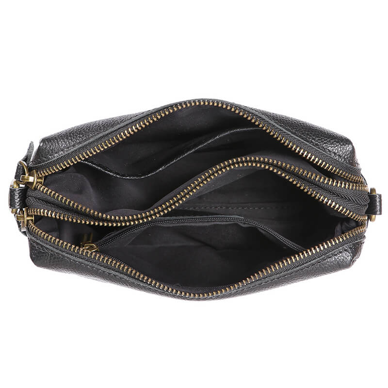 Kleine Damen Umhängetasche Leder modern mit Handgelenkgurt in Schwarz und Braun