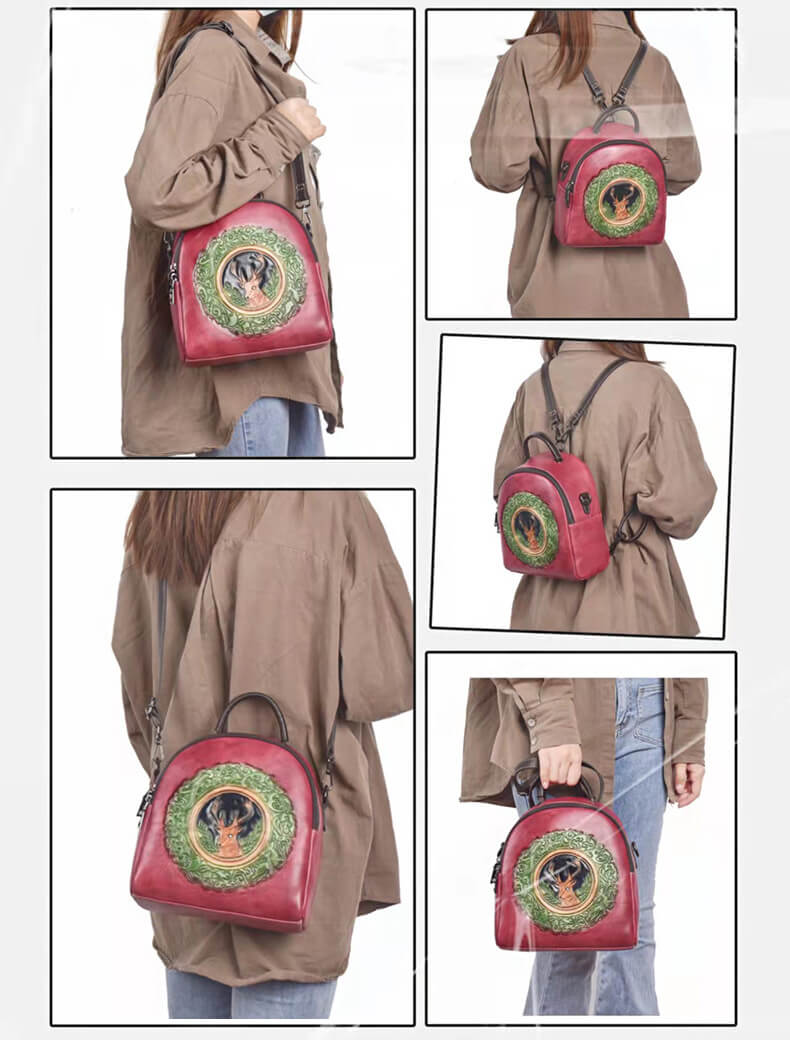 kleiner Rucksack Damen Leder Schultertasche 2in1 mit Hirschmotiv