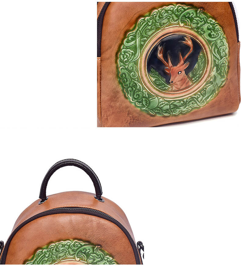 kleiner Rucksack Damen Leder Schultertasche 2in1 mit Hirschmotiv