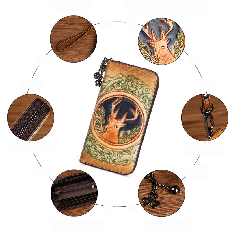 lange Geldbörse Damen Vintage Portemonnaie aus Leder mit Hirsch