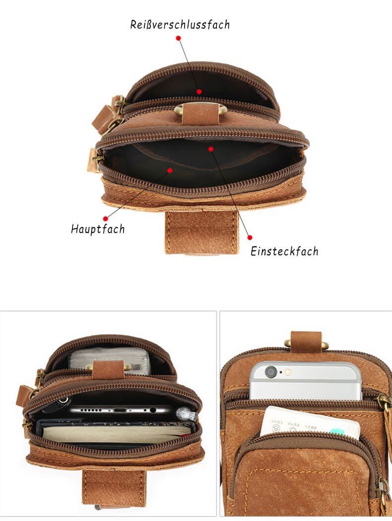 Outdoor Gürteltasche Leder Hüfttasche für Handy mit Reißverschluss