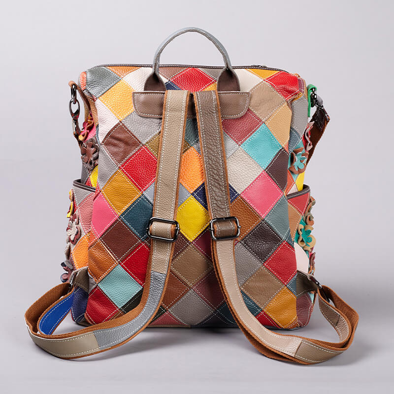 Patchwork Rucksack Damen bunt Leder Schultertasche 2 in 1