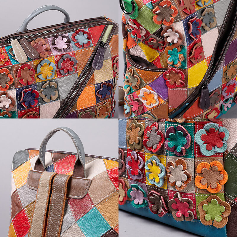 Patchwork Rucksack Damen bunt Leder Schultertasche 2 in 1