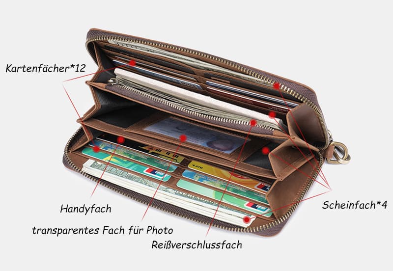 Portemonnaie Herren Leder braun Geldbeutel Geldbörse mit Handyfach Clutch Handgelenkgurt
