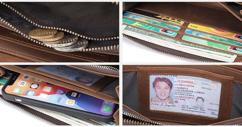 Portemonnaie Herren Leder braun Geldbeutel Geldbörse mit Handyfach Clutch Handgelenkgurt