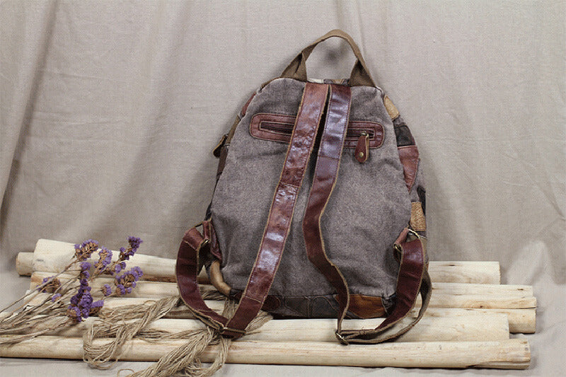 Retro Damen Rucksack aus Leder und Canvas Vintage für Alltag