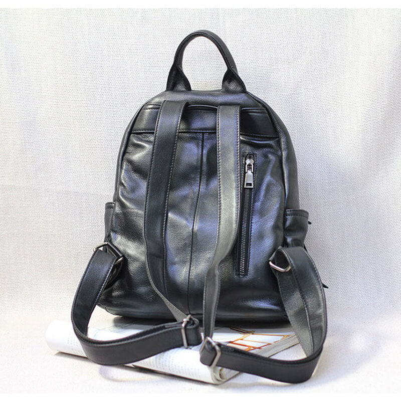 Rucksack Damen Leder schwarz schlicht Backpack Frauen